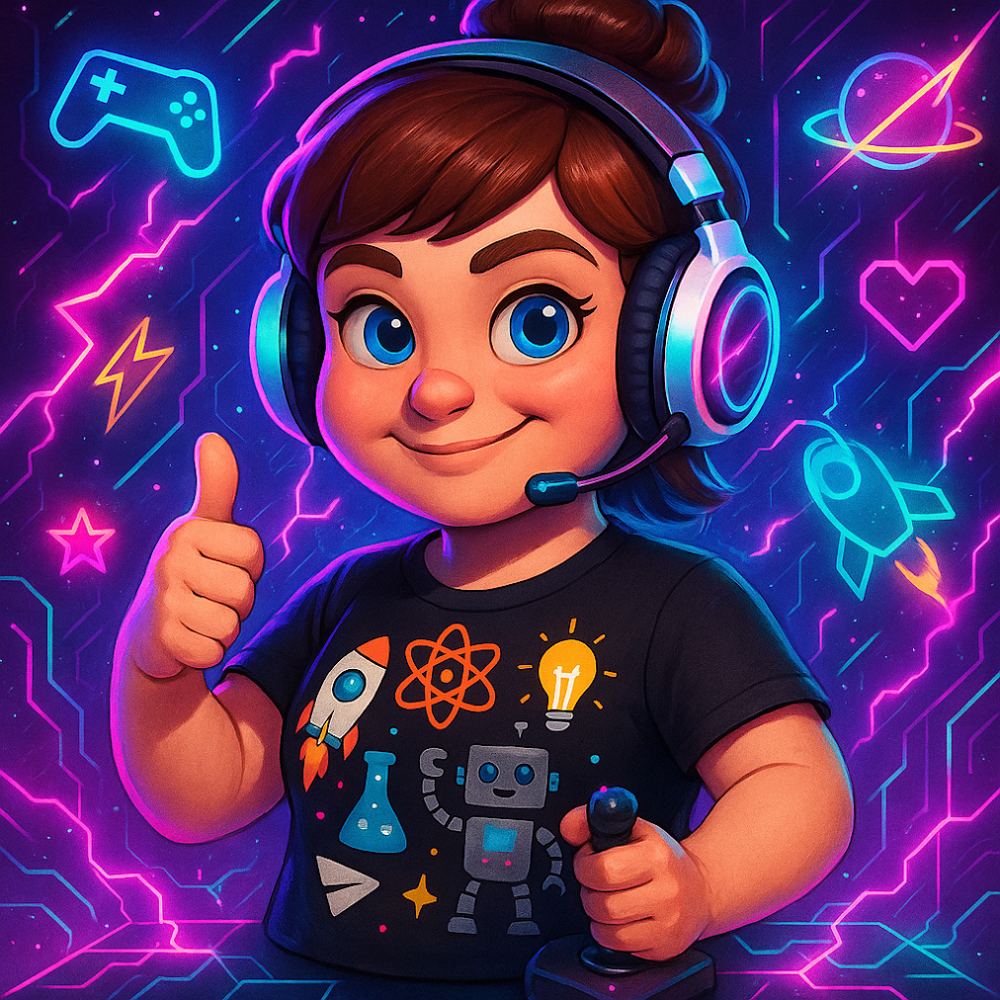 Cartoon avatar of Logston wearing a gaming headset and a science T-shirt, giving a thumbs up