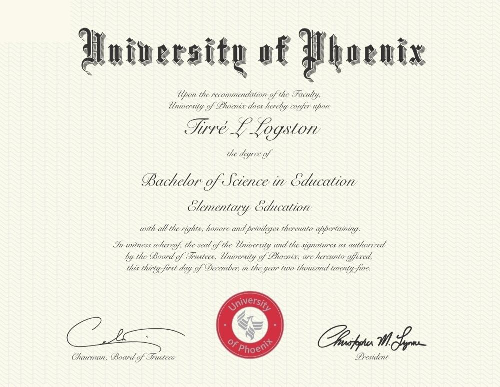 Logston's University of Phoenix diploma, Bachelor of Science in Education, Elementary Education, December 31, 2025