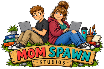 Mom Spawn Studios logo: cartoon mom and son sitting back to back with laptops
