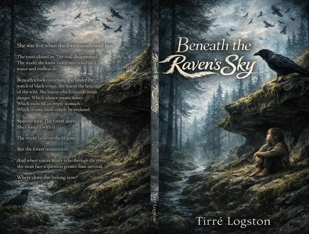 Front and back cover of Beneath the Raven's Sky by Tirré Logston, showing a girl under a rock ledge with a raven above her