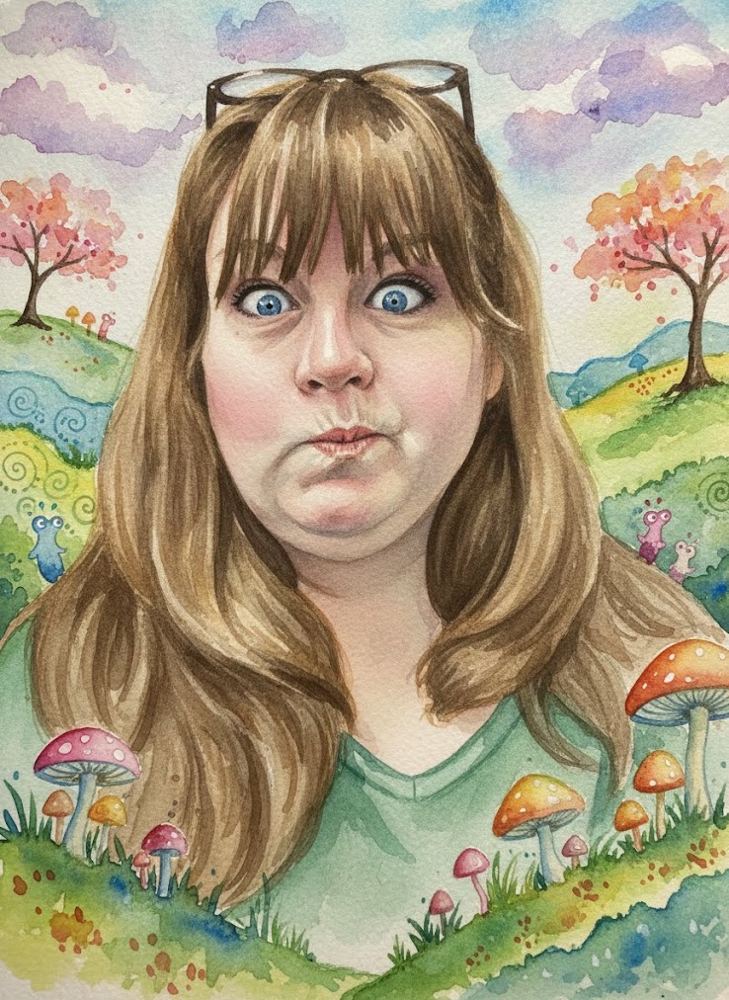 Watercolor portrait of Logston making a silly face among mushrooms